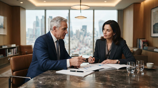 Two senior corporate advisors reviewing legal documents and balance sheets intently at a polished marble boardroom table