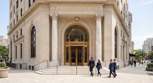 Minimalist limestone corporate archway and grand institutional entrance