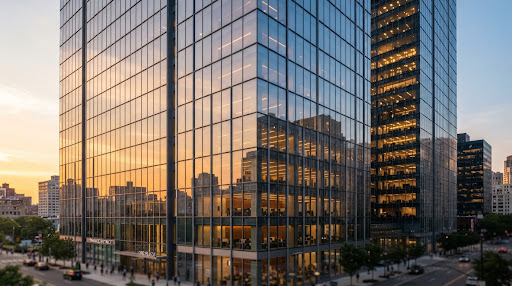 Skyscrapers reflecting golden hour sunset light in financial district